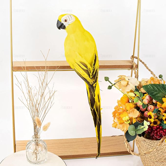 AUEAR, 17.7 Inch Yellow Lifelike Artificial Big Birds Feathered Fake Shoulder Parrot Decor Model for Decoration Craft