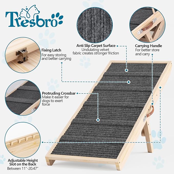 Tresbro Dog Ramp for Couch, 40'' Long Dog Ramps with Adjustable 11'' to 20.47'' Height, Portable Dog Ramp with Anti-Slip Carpet & Carrying Handle Holds up to 100LBS for Small Dogs to Get on Sofa