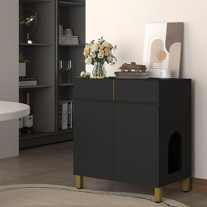 Large/Tall Litter Box Enclosure, Modern Wooden Litter Box Furniture for XL Litterbox with Drawer as Sideboard Cabinet (Black)