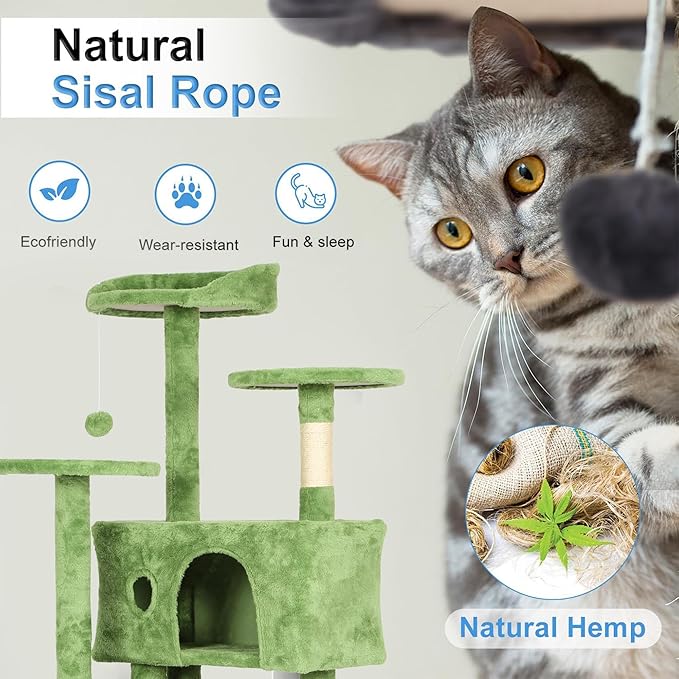 FDW Cat Tree 70in Cat Tower Multi-Level Durable Cat Scratching Post & Cozy Fun Cat Jumping Platform Space Saving Cat Condo Pet Play House for Indoor Cats,Green