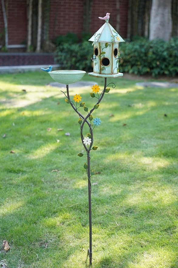 56" H Bird Baths and Bird Houses with Pole,Metal Bird Bath Bowl,birdhouses for Outdoors,Bird Bath with Stake,Garden Yard Decor