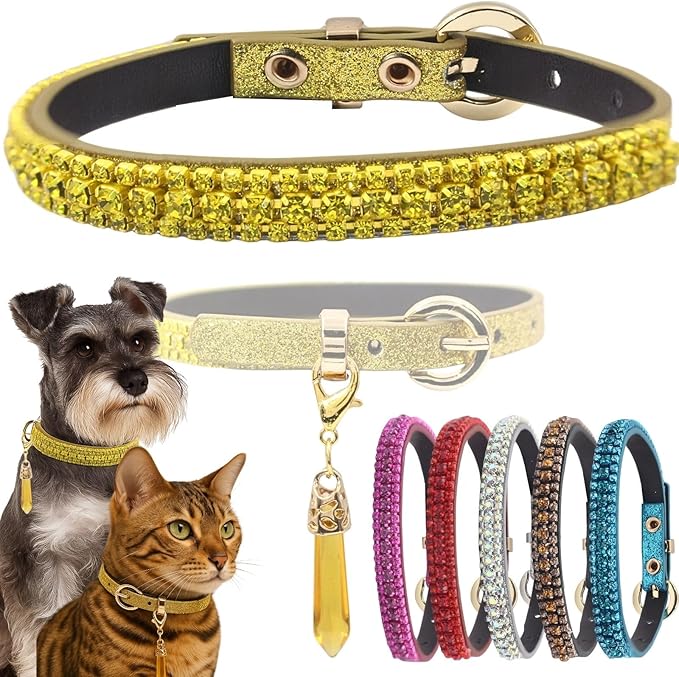 PEARLY JUN Rhinestone Dog Collars for Small Dogs Cat, S Yellow Bling Diamond Cat Collar Cute Luxury Crystal Pet Puppy