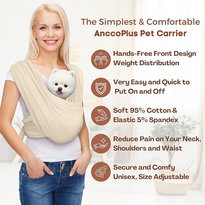 Dog Carriers for Small Dogs, Front Facing Dog Sling Carrier, Hands Free Cat Carrier, Size Adjustable, Reducing Back Pain, Premium Cotton, Safe and Soft Dog Carrier (Plus, Beige)