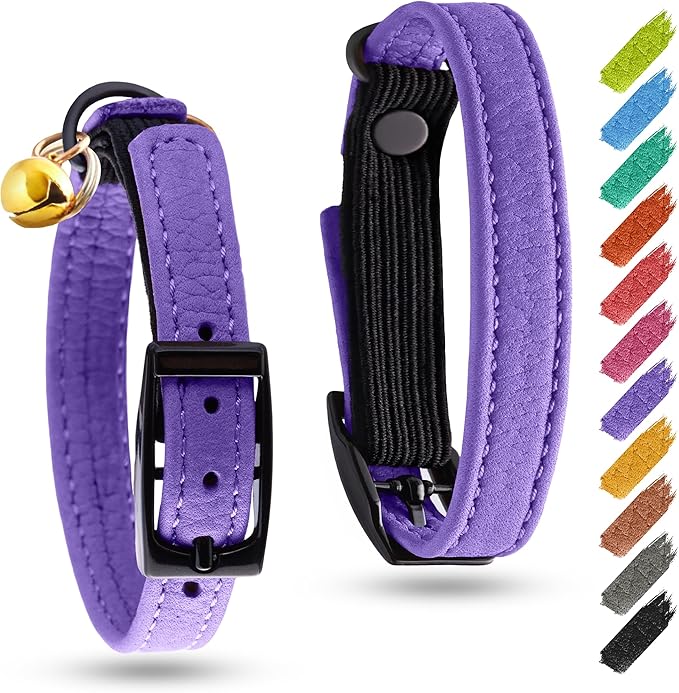 Leather Cat Collar with Bell and Safety Elastic Strap Breakaway Alternative for Small & Large Kittens, Stylish Pet Leather Collar for Boy, Girl Cats with Metal Buckle & QR ID Tag (Purple)