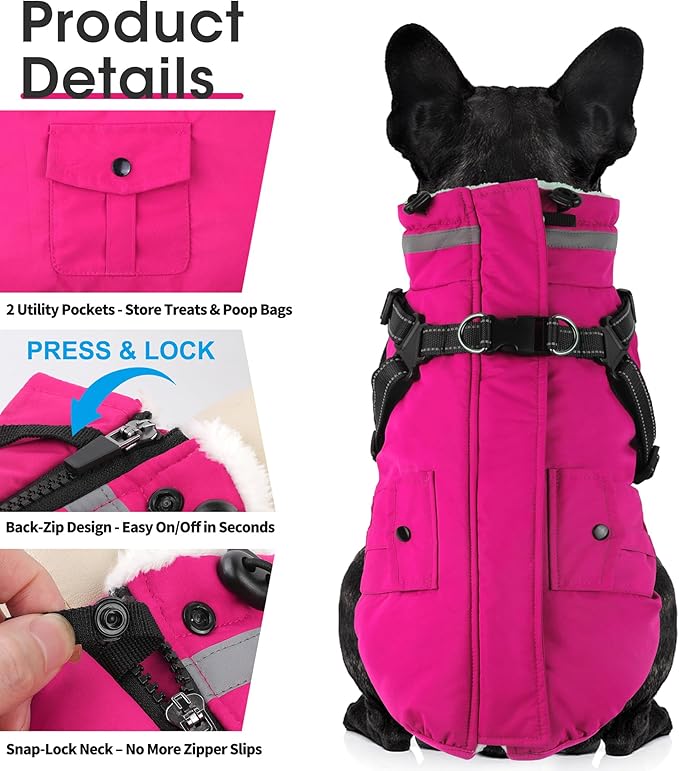 Dogcheer Dog Coat with Harness, Waterproof Dog Jacket Christmas Puppy Winter Coat with Pockets, Reflective Doggy Winter Jacket Soft Pet Fleece Snow Jacket for Small Medium Large Dogs - Pink, XL