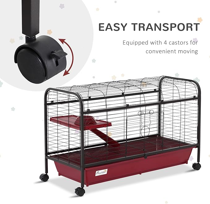 PawHut 41" L Small Animal Cage Rabbit Hutch Ferret Pet Play House with Feeder, Rolling Wheels, Platform, Ramp