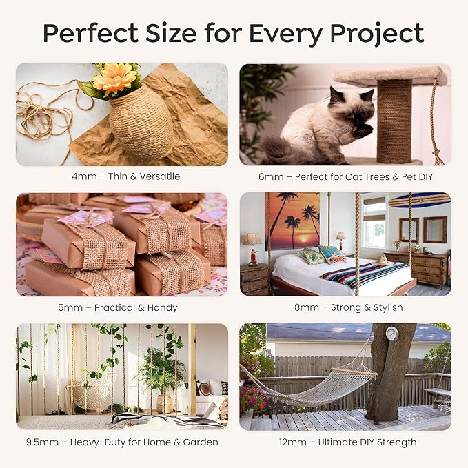 Premium Brazilian Sisal Rope, Natural Fiber 100% Sisal, Ultra Durable, Chemical-Free, Ideal for DIY, Cats, Scratching Post Replacement, Home Decor, Garden, Crafting (1/6” 100 ft / 4mm 30m)