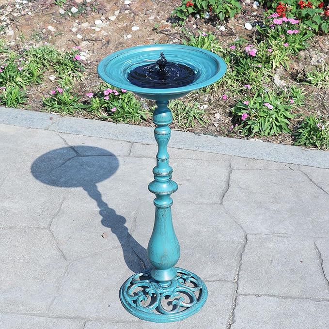 26.6”H Cast Iron Pedestal Bird Bath，Metal Birdbaths Bird Feeder Seed Tray for Garden Yard Decor -Blue.