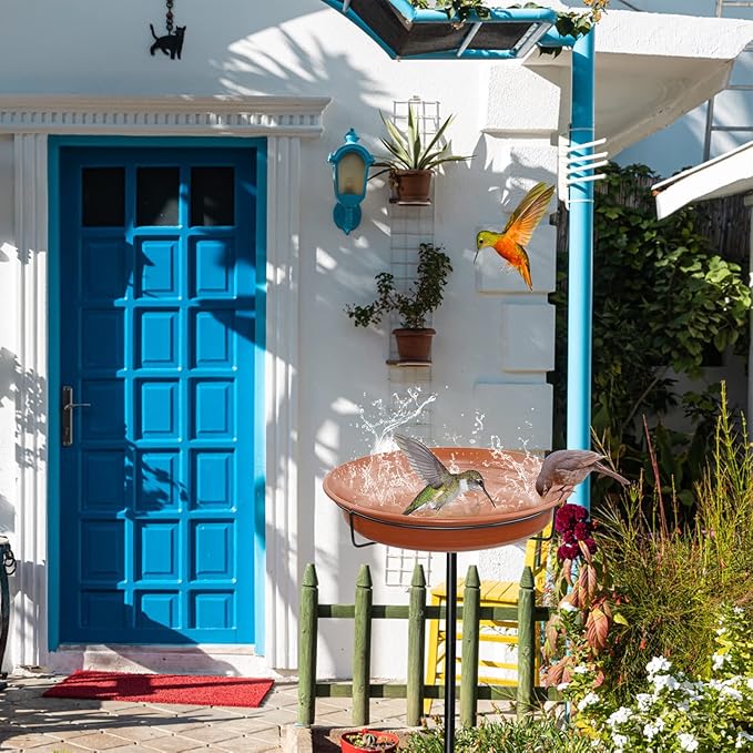 28In Freestanding Birdbaths Bowl Outdoor, Free Standing Garden Bird Bath Bird Feeder Bowl with Metal Stake, Detachable Decoration Spa Birdfeeder for Garden Patio Yard Lawn, 4 Spiky Feet (Brown)