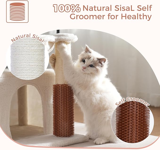 Cat Tree 32 Inches Small Cat Tree for Large Cats Adult Cat Tower with Scratching Post,15.7”Large Hammock and Self Groomer, and Removable Top Perch and Wide Condo for Indoor Cats-Beige