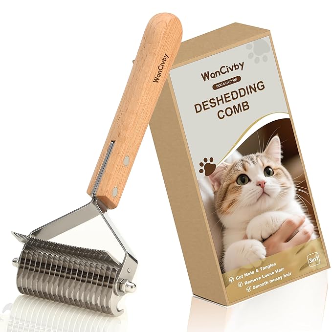 3-in-1Dematting & Deshedding Comb Undercoat Rake for Cats& Dogs，Detangling Matted Fur & Hair Remover Tool Pet Grooming Rake for Shedding and Dematting，Ergonomic beech wood handle (Square Handle)