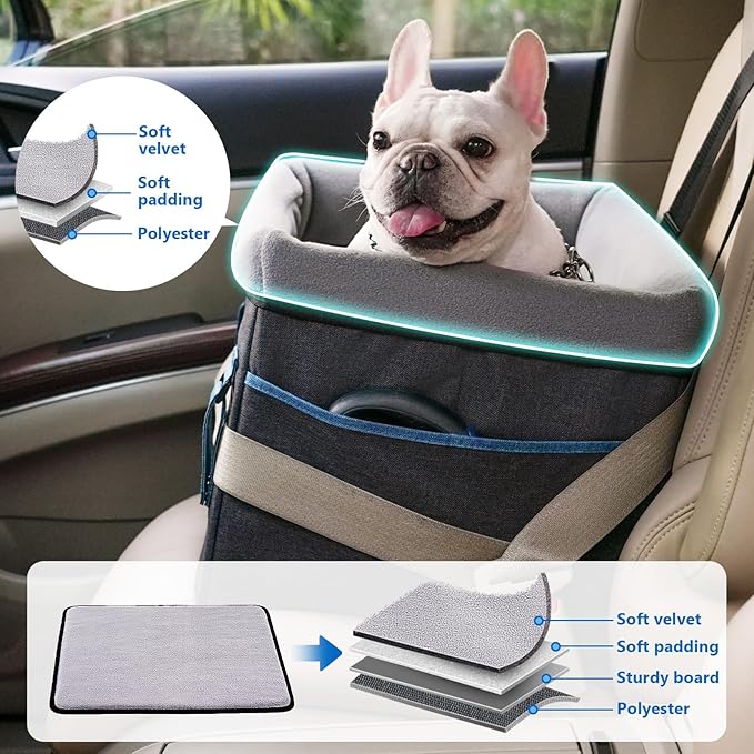 BurgeonNest Dog Booster Car Seat for Small Dogs, Washable Anti-Collapse Pet Bed for Car Front Back Seat, Cat Puppy Travel Carseats Up to 25lbs, Clip-On Safety Leash and Booster Fluffy Pad, Grey