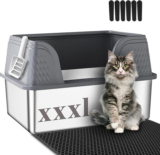 Suhaco Extra Large Stainless Steel Litter Box with Lid XXXL High Sided Cat Litter Boxes Included Litter Mat & Litter Scoop Anti-Urine Leakage Metal Pet Toilet for Big Cats (Grey XXXL)