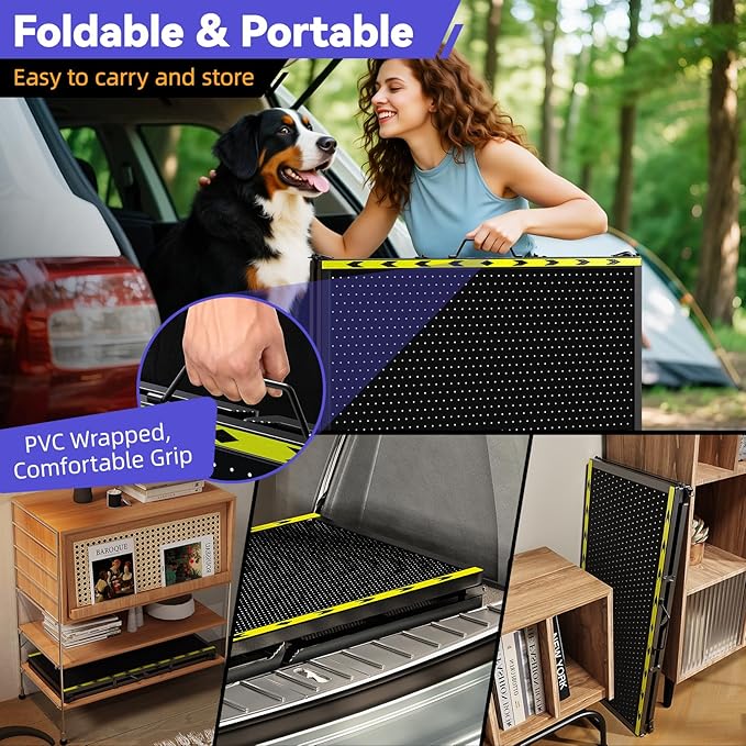 74'' L & 20'' W Longest Dog Ramp for Car - Extra Wide Portable Pet Dog Ramps for Large Dogs, Dogs Cars Ramp for Car SUV/Truck/RV/Bed, Lightweight Ramps with Non-Slip Mesh Up to 300LBS, Black