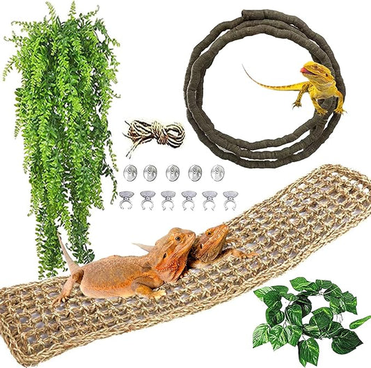 kathson Bearded Dragon Large Hammock,Lizard Lounger 29.53x7.08inches Natural Seagrass Fibers Pet Recliner Flexible Vine Decoration for Gecko Chameleon Snakes (4 PCS)