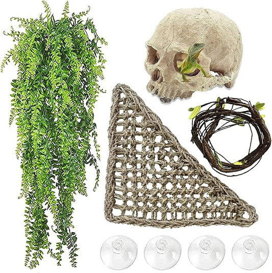 Bearded Dragon Skull Hide Decor,Reptile Natural Seagrass Hammock Lizard Lounger Reptiles Tank Accessories Jungle Climber Bendable Vine Habitat Decorations for Chameleon Spider Snakes(4Pcs)