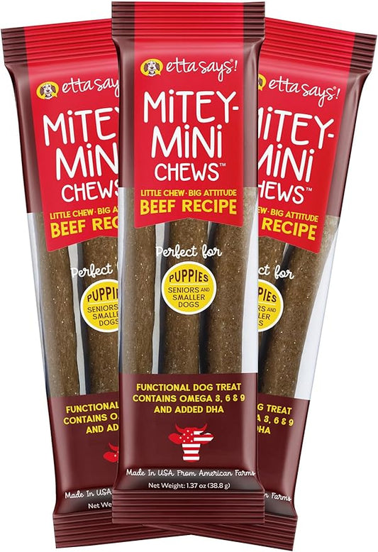 etta says! Mitey Mini Chews Dog Treats - Made in The USA - Grain-Free and Odor-Free - All-Natural Dog Chews - Perfect for Puppies and Senior Dogs - with Omega 3, 6, and 9 - Beef - 3 Pack