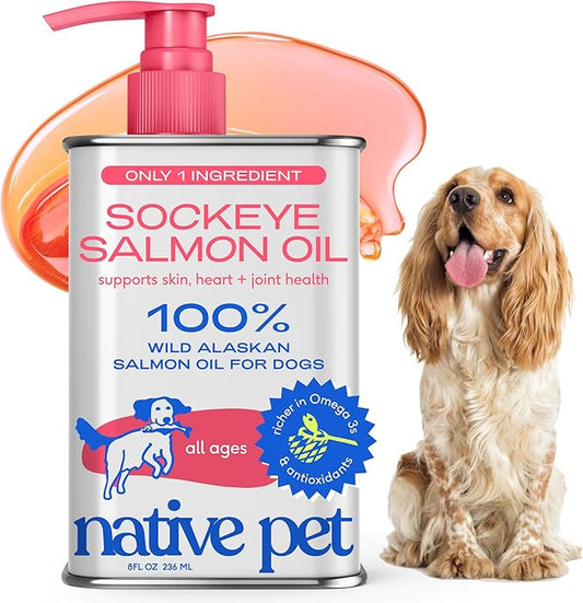Native Pet Salmon Oil for Dogs & Cats – Pure Omega-3 Fish Oil for Dogs Supplement for Skin & Coat, Joint & Heart Health - Dog Anti-Inflammatory – 100% Wild-Caught Alaskan Sockeye Salmon – 8 oz