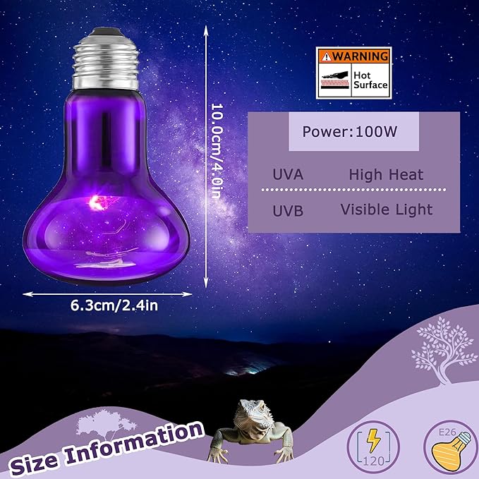 60W Reptile Night Light Bulb – Simulated Moonlight UVA Heat Lamp, Purple Basking Light for Bearded Dragons, Lizards, Snakes, Chameleons, Amphibians - 2-Pack (2.5" Diameter)