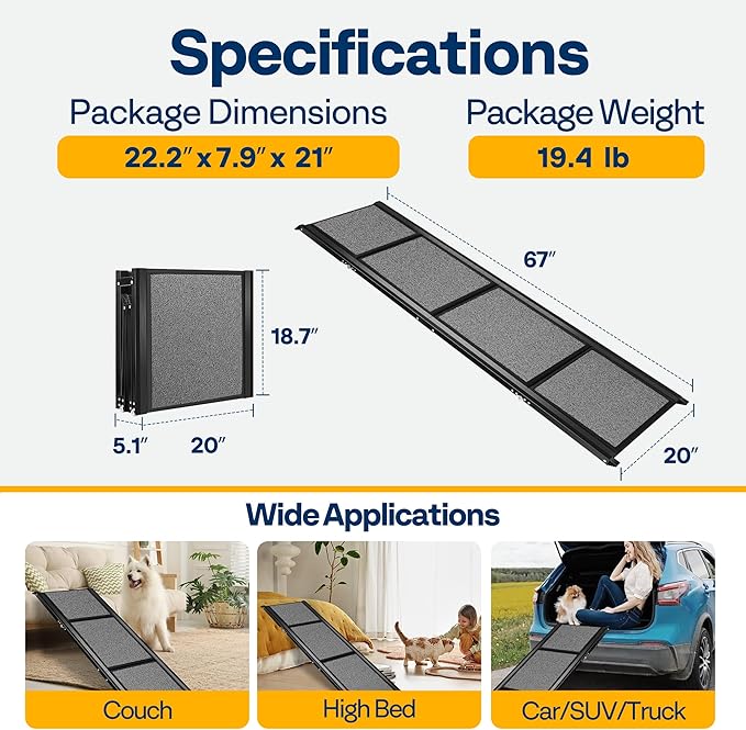 VIVOHOME Dog Ramp for Car, 67" x 20" Wider Pet Stair Ramp for Dogs with Anti-Slip Texture Soft Surface for Medium or Large Dogs Get Into a Car, SUV & Truck, Portable Folding Dog Ramp Up to 200 LBS
