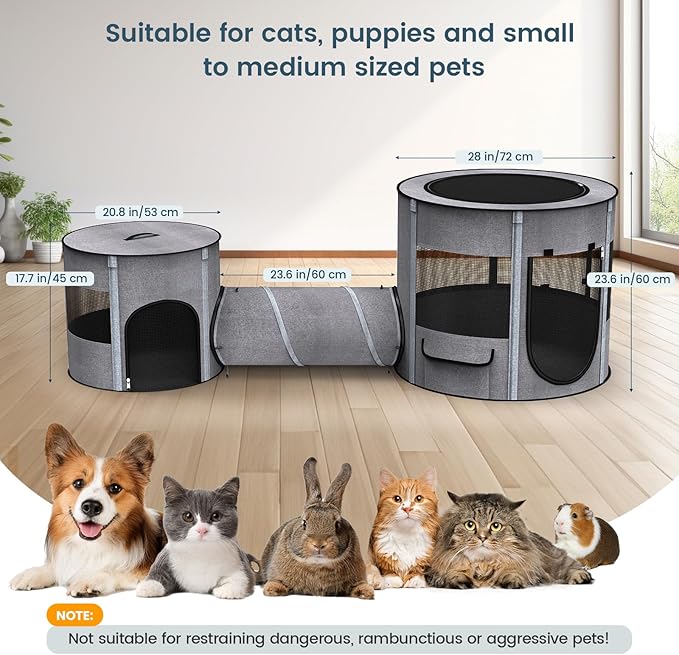 Portable Cat Playpen with Tunnel, 3 in 1 Foldable Puppy Play Pen, Waterproof Bottom, Enclosed 2-Room Separable Pet Tent for Indoor/Outdoor, Multi-Purpose Enclosure Crate Cage for Kitten Dog Rabbit