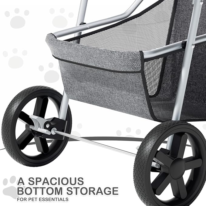MoNiBloom 3 Wheels Pet Dog Cat Stroller for Small Medium Dogs and Cats, Lightweight Foldable Jogger Stroller w/Storage Basket and Cup Holder, Gray