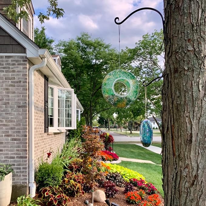 Topadorn Bird Feeder Fly Through Mosaic Round Stained-Glass Birdfeeder, Outdoor Hanging Birdfeeder Squirrels-Proof for Garden Decoration Gift, Green Bird Feeder, 9"