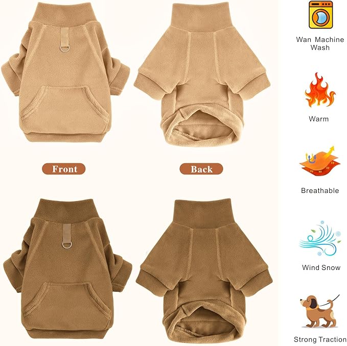 Idepet Fleece Dog Sweater 2 Pack, Winter Pet Clothes Turtleneck Sweatshirt with Leash Ring, Stretchy Small Dog & Cat Coat with Pocket (Khaki+Brown, X-Small)