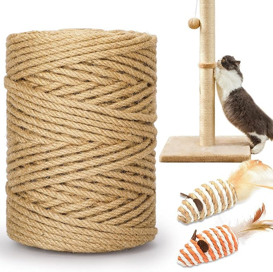 262FT/80M Cat Scratching Sisal Rope, 6mm 1/4inch Thick Natural Jute Rope for Scratch Posts, Cat Trees, DIY Projects, Sisal Rope for Scratcher with 2 Mouse Toys (Natural, 262ft)
