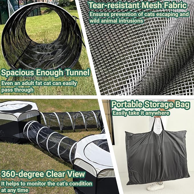 6-in-1 Outdoor cat Enclosure - 3X Tent & 3X Tunnel - Outdoor Enclosed Playpen for Indoor Cat, Portable Tent Within Storage Bag, for Kitty and Small Animal