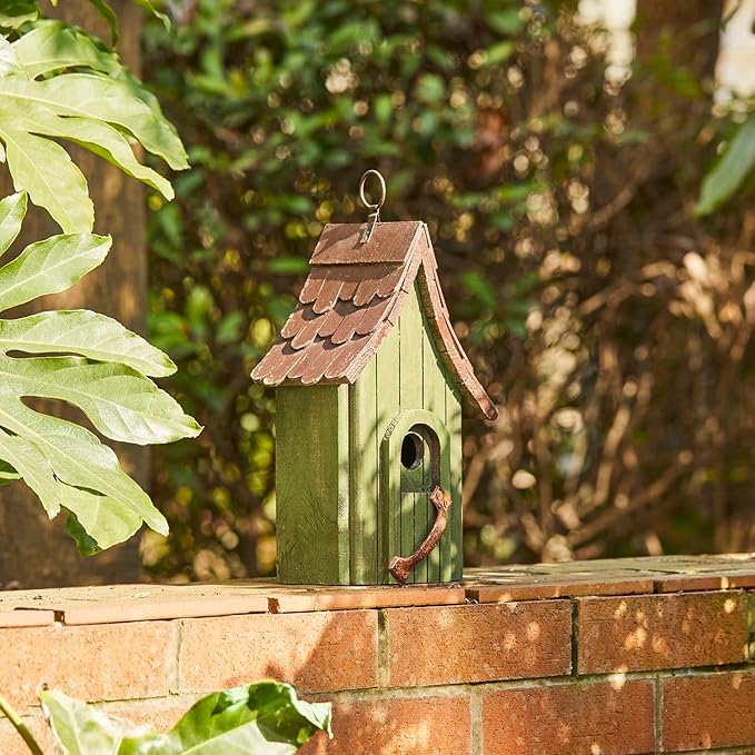 Glitzhome Birdhouses for Outdoors, Hand Painted Garden Hanging Wooden Bird House with Single Roof for Outside, Country Cottages for Bluebird Swallow Sparrow Hummingbird Finch Cardinals Cedar, Green