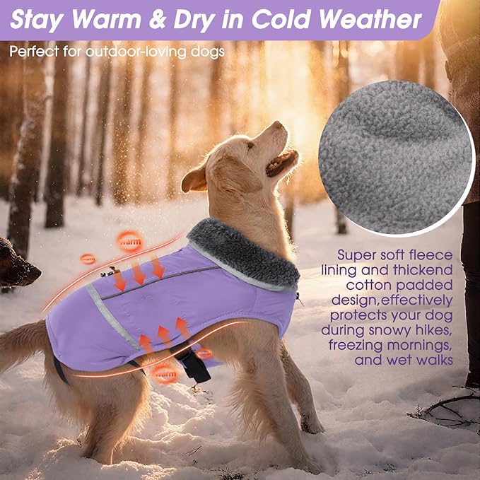 QBLEEV Warm Dog Coat Reflective Winter Jacket, Waterproof Windproof Dog Turtleneck Clothes for Cold Weather, Thicken Fleece Lining Pet Outfit, Adjustable Pet Vest Apparel for Small Medium Large Dogs