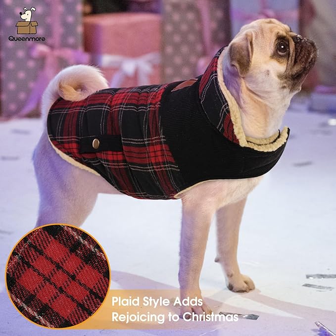 Queenmore Dog Winter Coat Warm Dog Jacket for Cold Weather, Quilting Puffer Plaid Coats for Small/Medium Dogs Waterproof,Girl/Boy Pet Christmas Coat,Pet Snowsuit with Leash Hole/Fleece Padding, S