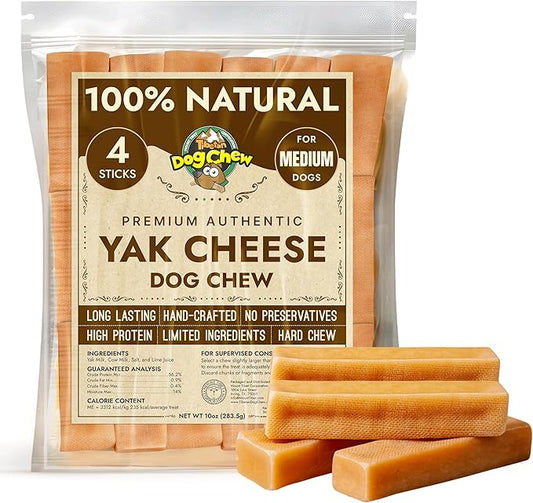 Tibetan Yak Cheese Dog Chew Sticks (4 Medium Chews) - Natural, Handmade, Long-Lasting, Easy to Digest, Ideal for Medium Dogs and Aggressive Chewers, Rawhide, Grain and Gluten Free, Keeps Dogs Busy