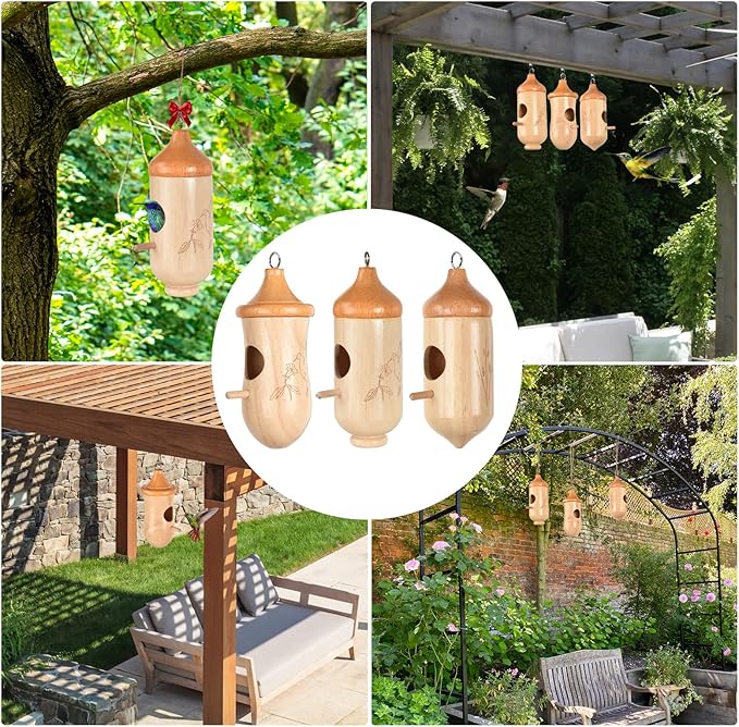 Hummingbird House, Solid Wood Hummingbird Houses for Outside-Exquisitely Handcrafted Birdhouse with Ribbon and String Hanging Kit, Durable Garden Decor, Perfect Gardening Gift (Style-D, 3 Pack)