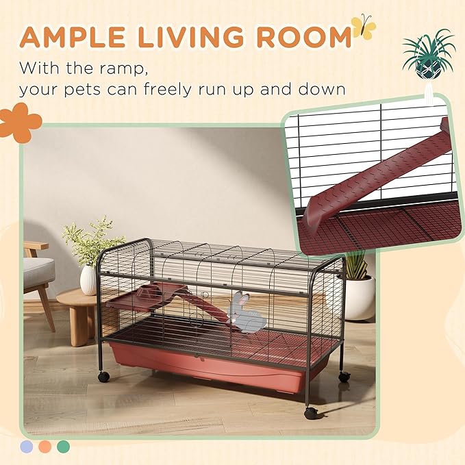PawHut 48" L Small Animal Cage, Rabbit Hutch, or Ferret Pet Play House with Feeder, Rolling Wheels, Platform, Ramp