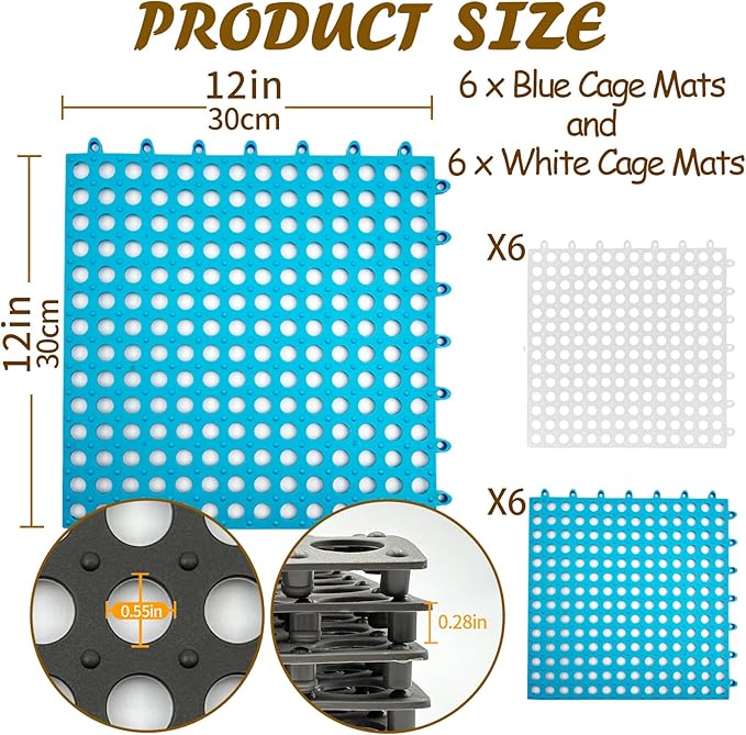 Rabbit Cage Mat Floor-12 Pcs Plastic Bunny Resting Mats for Wire Cage Bottom 12x12 Pet Feet Pad with Holes for Chinchilla Ferret Guinea Pig Squirrel, Easy to Cut and Splice (6 Blue&6 White)