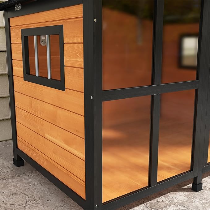 PawHut Outside Cabin-Style Wooden Dog House for Large Dogs with Openable Roof & Giant Window, Outdoor & Indoor Big Dog House, Asphalt Roof, Yellow