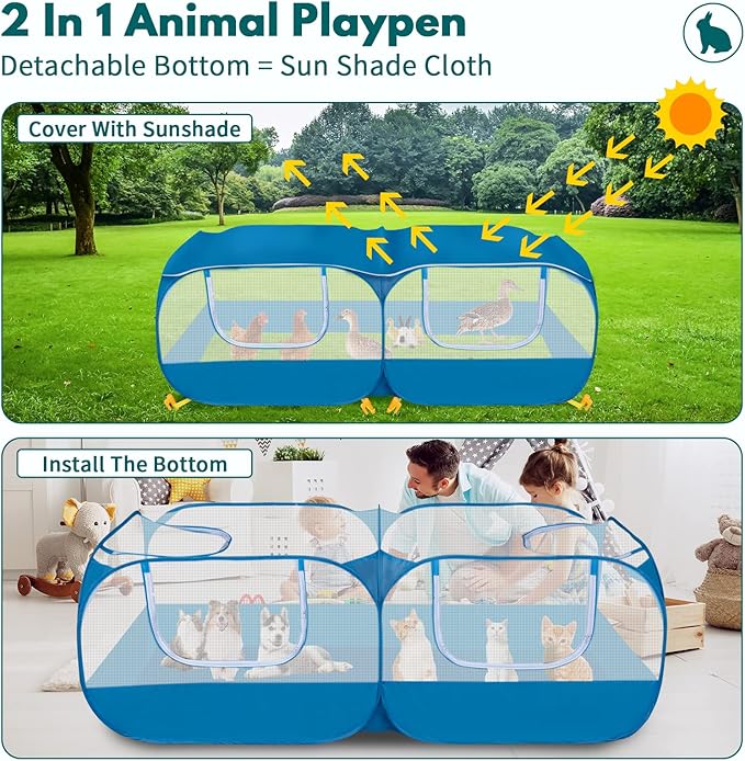 Small Pet Animals Playpen, Cage Tent Enclosure Large Chicken Run Coop with Breathable Transparent Mesh Walls Pop Open Indoor Outdoor Exercise Yard Fence for Chicks and Cat. Blue