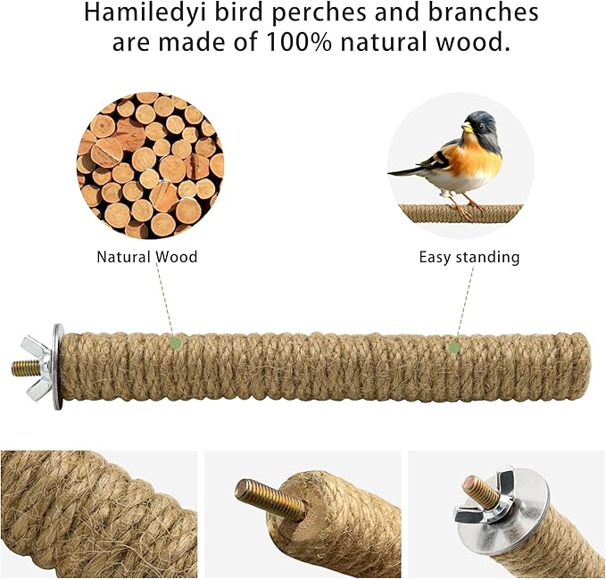 2PCS Bird Perch Parrot Stand Cage Accessories Natural Wooden Stick Paw Grinding Rope-surfaced Chew Toy Standing Rod for Exercise Training Branches (Rope-7x0.9in-2p)