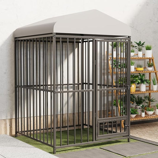 4X4x6FT Large Outdoor Dog Kennel with Swivel Feeder & UV-Resistant Waterproof Roof Covered, Heavy Duty Dog Cage Playpen for Medium and Large Dogs, Easy Assembly