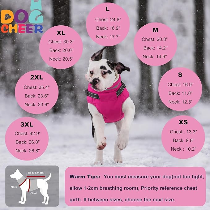 Dogcheer Dog Coat with Harness, Waterproof Dog Jacket Christmas Puppy Winter Coat with Pockets, Reflective Doggy Winter Jacket Soft Pet Fleece Snow Jacket for Small Medium Large Dogs - Pink, 3XL