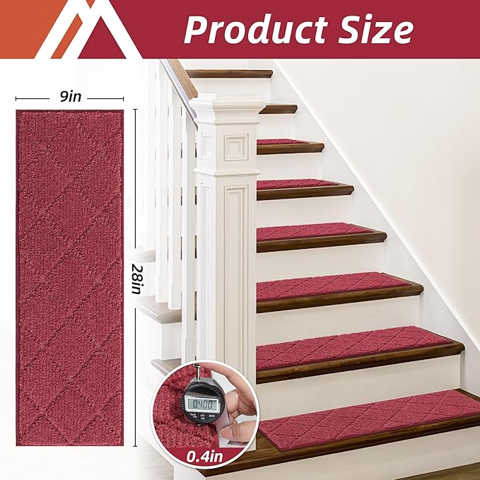 COSY HOMEER Edging Stair Treads Non-Slip Carpet Mat 28inX9in Indoor Stair Runners for Wooden Steps, Edging Stair Rugs for Kids and Dogs, 100% Polyester TPE Backing (10pc, Red)