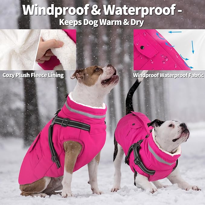 Dogcheer Dog Coat with Harness, Waterproof Dog Jacket Christmas Puppy Winter Coat with Pockets, Reflective Doggy Winter Jacket Soft Pet Fleece Snow Jacket for Small Medium Large Dogs - Pink, S