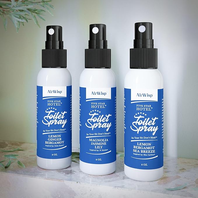 AirWisp Toilet Spray 3 Pack Variety Pack - Pre Poop Spray Odor Eliminator - Curated 5-Star Hotel Picks - 2 oz. Bottles - Up To 100 Uses Per Bottle - Travel Toiletry
