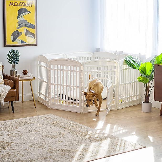 IRIS USA 34" 8-Panel Dog Playpen with Door, 63 x 63 x 35, Puppy Playpen, Dog Play Pen Indoors, Pet Fence, Puppies/Small Dogs, White