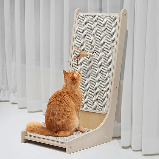PETKARAY 105° Cat Scratcher, Sisal Kitty Scratch Pad, L Shape Scratching Board for Indoor Cats, Floor Mounted Scratcher with Mouse Toy Catnip, Chevron Style