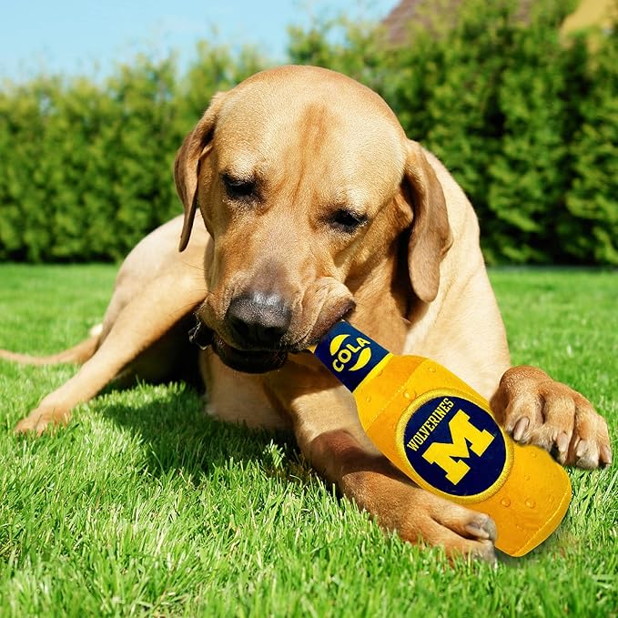 NCAA Michigan Wolverines Beer Bottle Plush Dog & CAT Squeak Toy- Cutest Stadium SODA Bottle Snack Plush Toy for Dogs & Cats with Inner Squeaker & Beautiful Football/Basketball Team Name/Logo