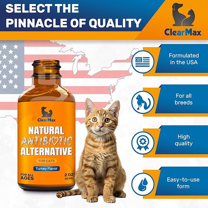 Antibiotics for Cats in Drops – Сat Respiratory Infection Treatment: Cold, Cough, and Allergies – Cat UTI Treatment with Turkey Flavor – May Support Hips & Joints – Proper for All Ages & Breeds – 2 Oz
