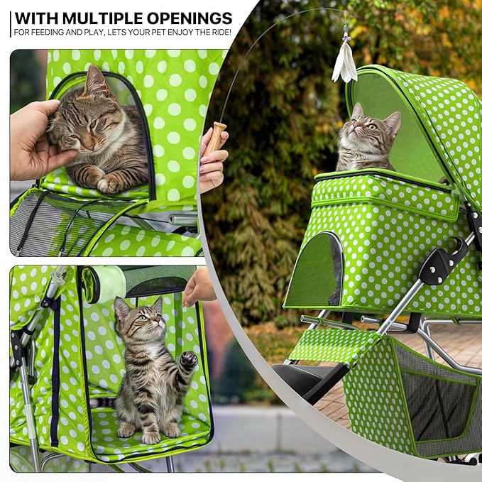 MoNiBloom 3 Wheels Pet Dog Cat Stroller for Small Medium Dogs Cats, Foldable Jogger Stroller w/Storage Basket and Cup Holder, Lawn Green Polka Dots